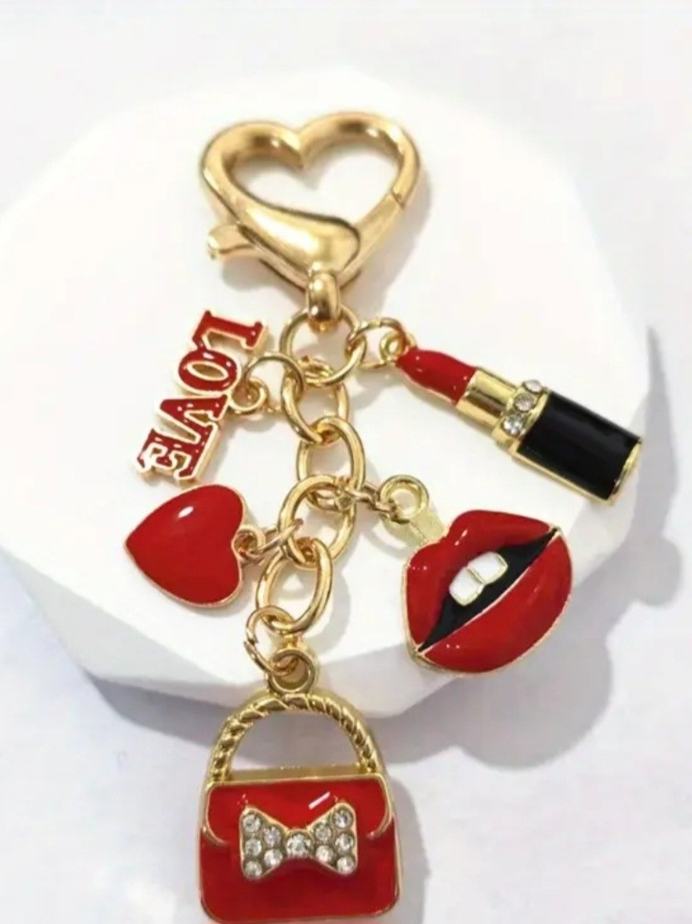 Gold-Tone Red Lip & Purse Charm Keychain with LOVE Tag